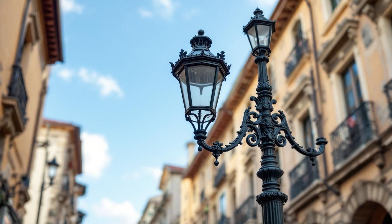 A photograph of a beautifully designed colonial lamp post in a historic urban setting