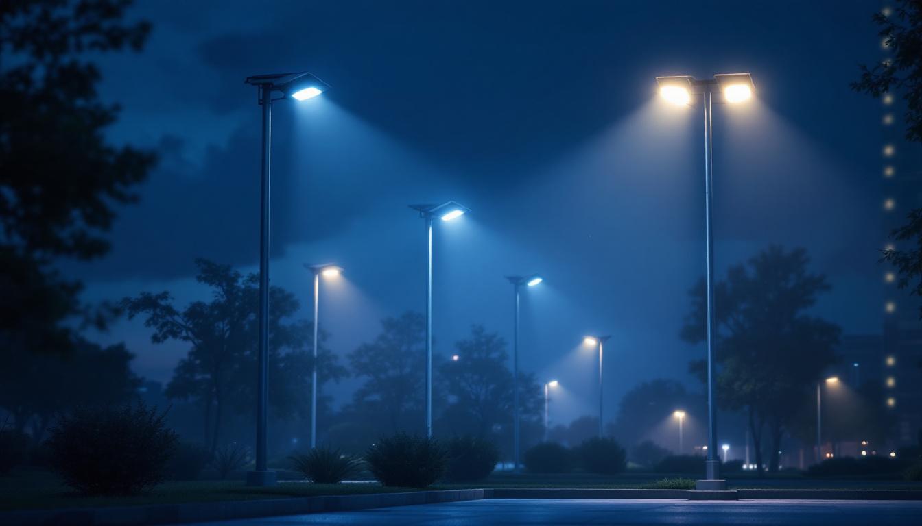 A photograph of a well-lit outdoor scene featuring several pole-mounted solar lights illuminating a large area