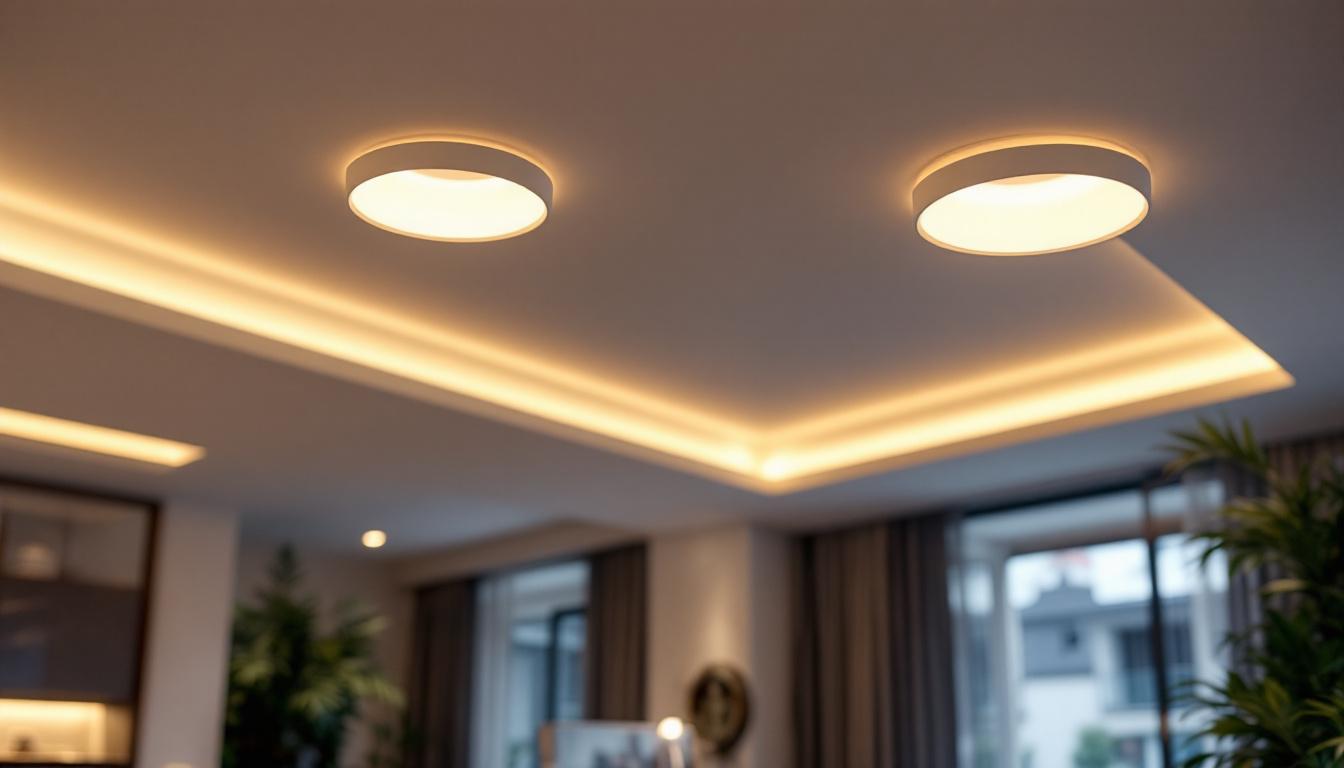 A photograph of a close-up shot of recessed lighting c clips in use within a modern ceiling installation