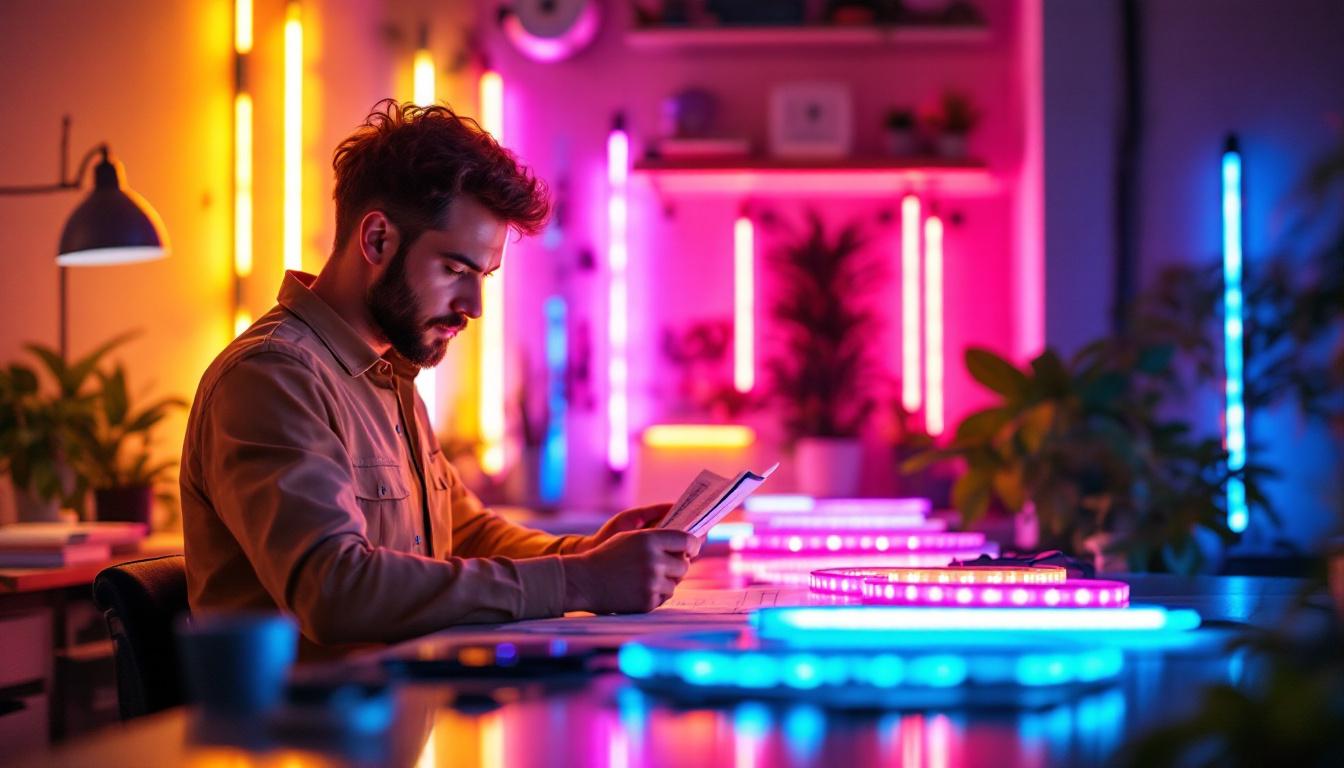 A photograph of a well-lit workspace featuring a variety of rohs-compliant led light strips in use