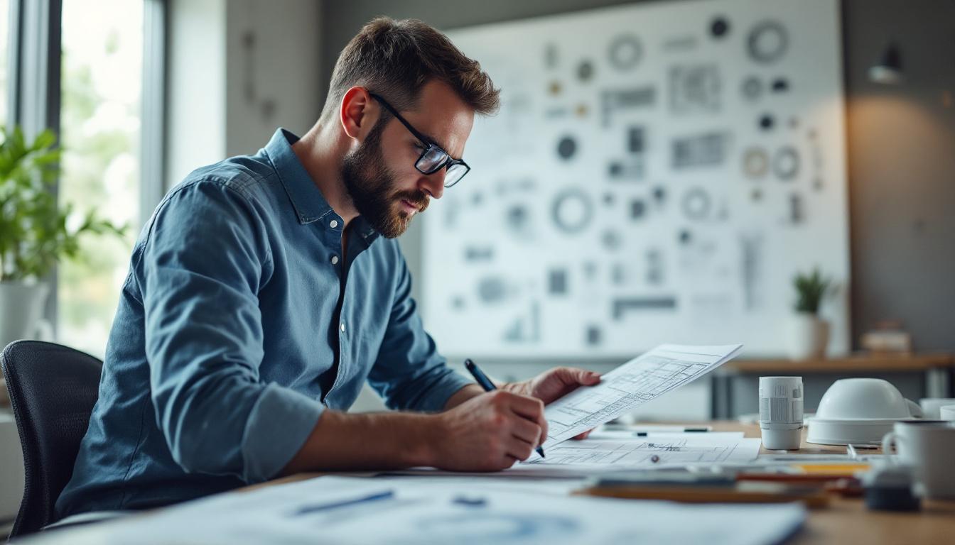 A photograph of a skilled electrical engineer working intently on led recessed lighting designs