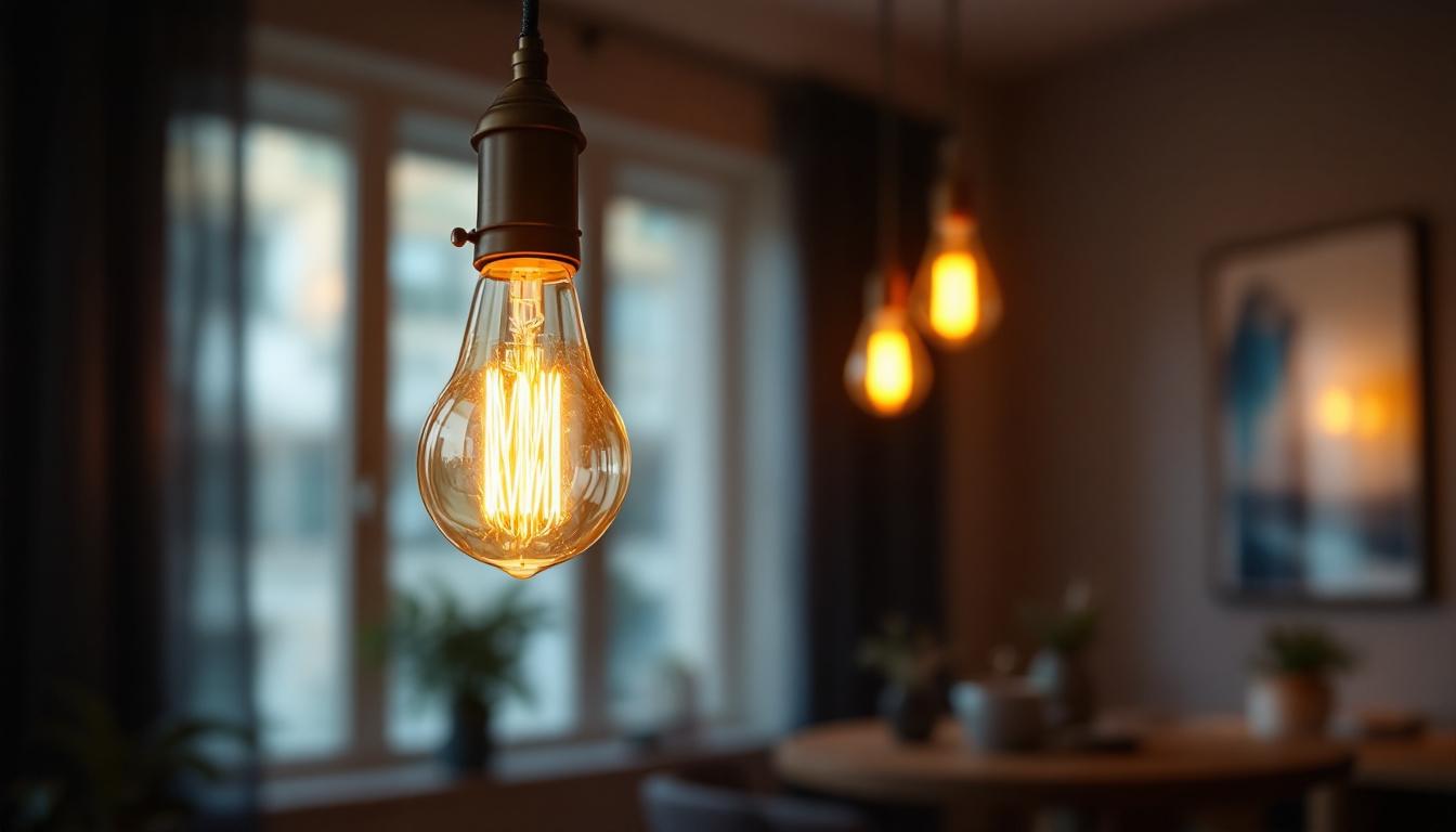 A photograph of a beautifully designed vintage-style led light fixture in a modern interior setting
