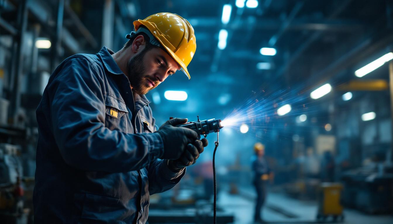 A photograph of a skilled technician using heavy-duty cable pulling equipment in an industrial setting