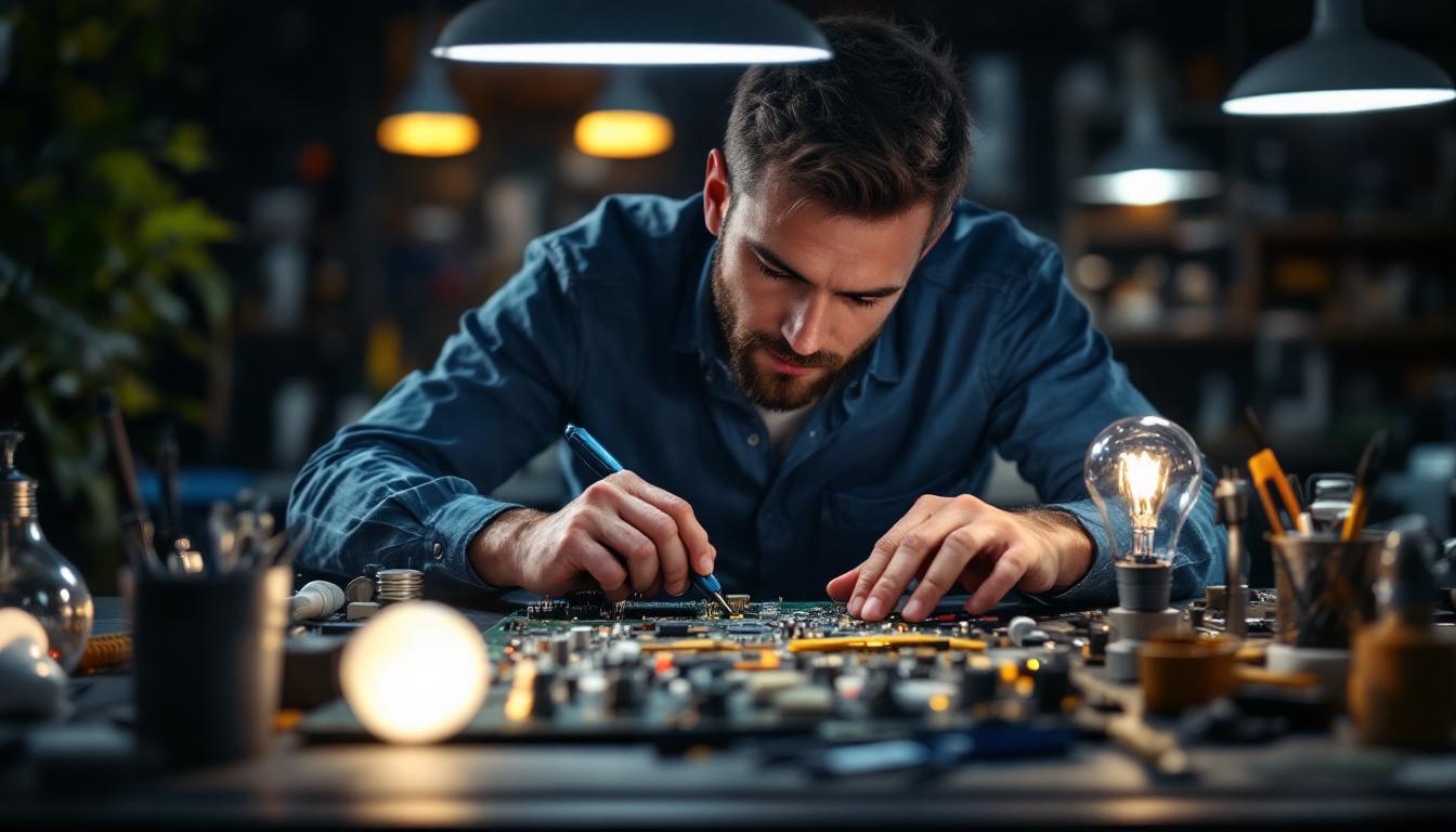 A photograph of a modern electrical engineer working on a circuit board