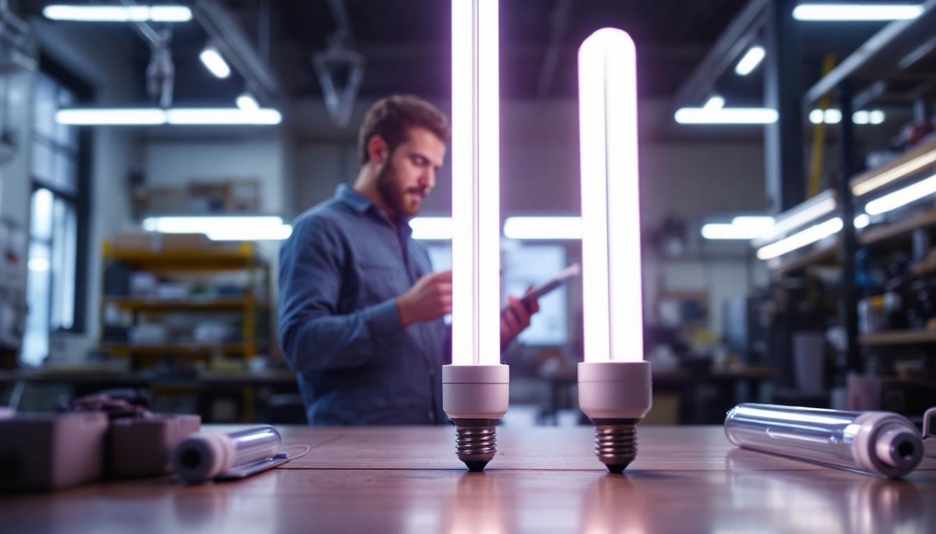 A photograph of a side-by-side comparison of t8 and t12 fluorescent tubes