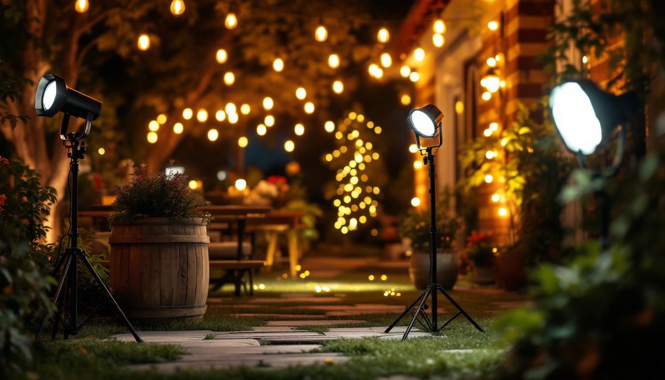 A photograph of a beautifully lit outdoor setting featuring various portable lights in use