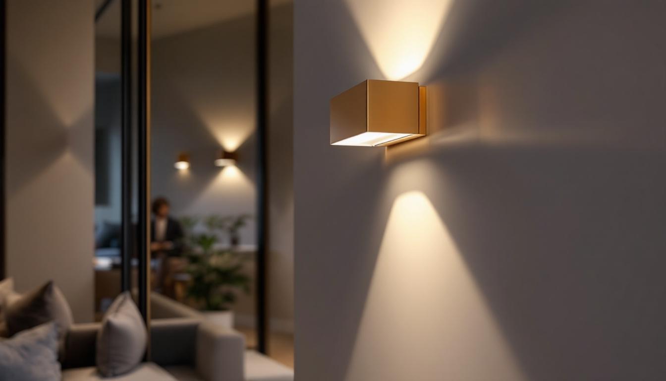 A photograph of a modern interior space showcasing linear sconce lighting
