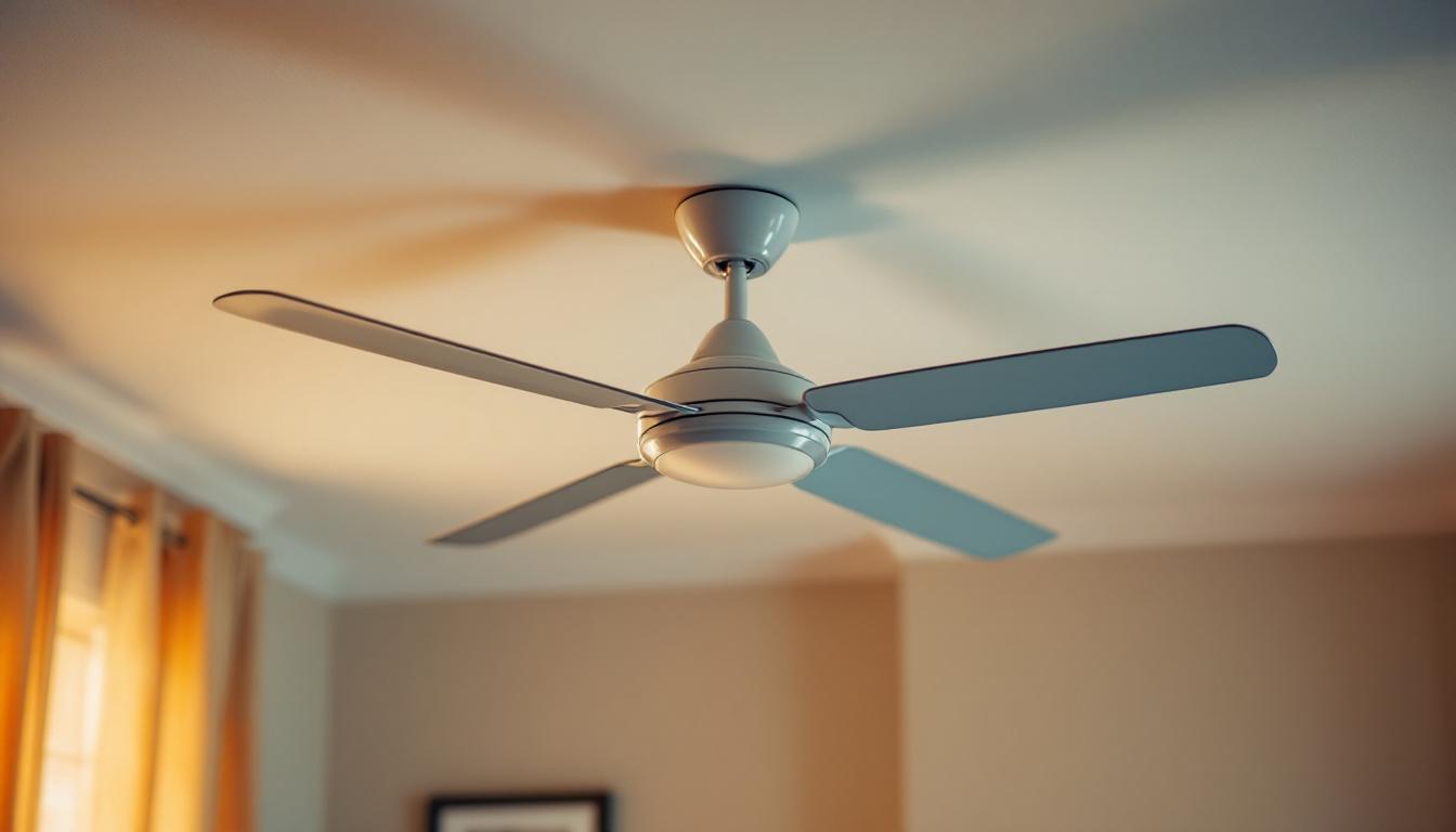 A photograph of a ceiling fan mounted on a wall in a well-lit room