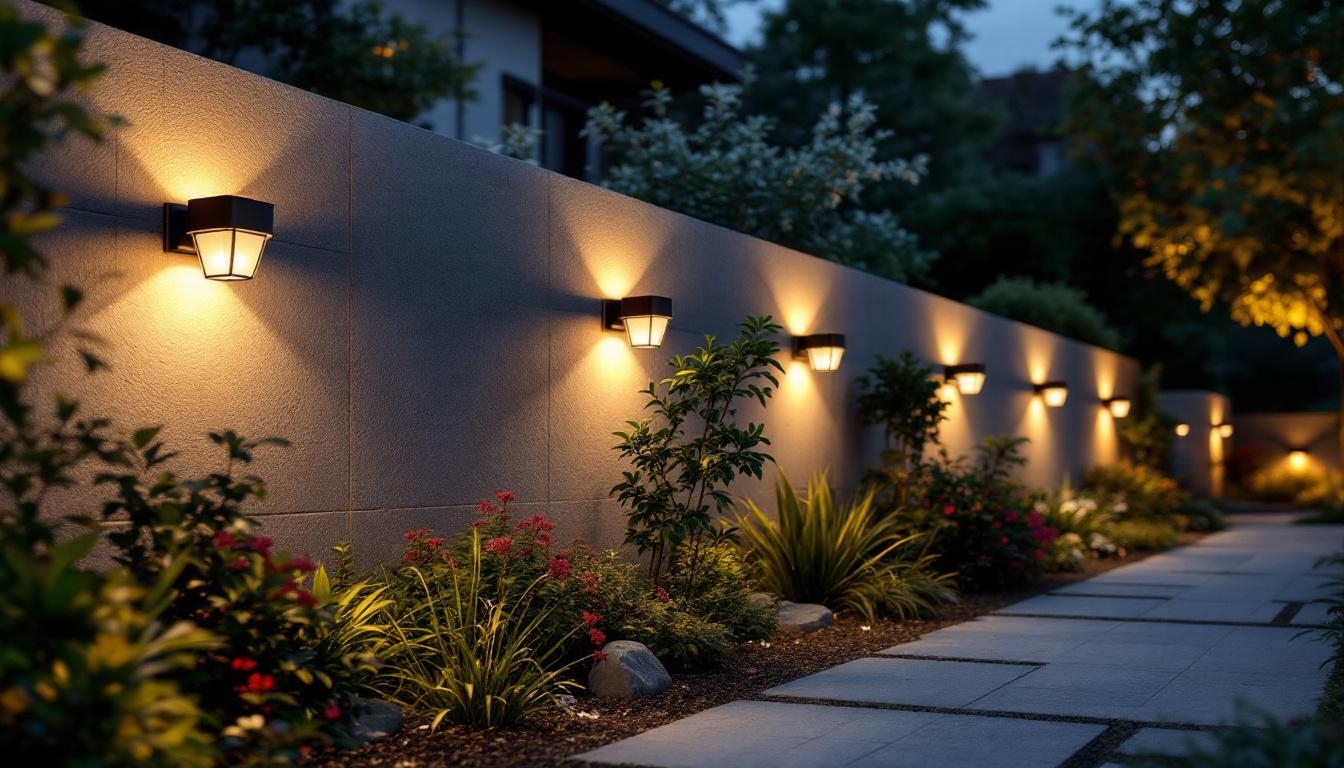 A photograph of a beautifully designed outdoor setting featuring a variety of stylish wall-mounted solar lights illuminating a pathway or garden area at dusk