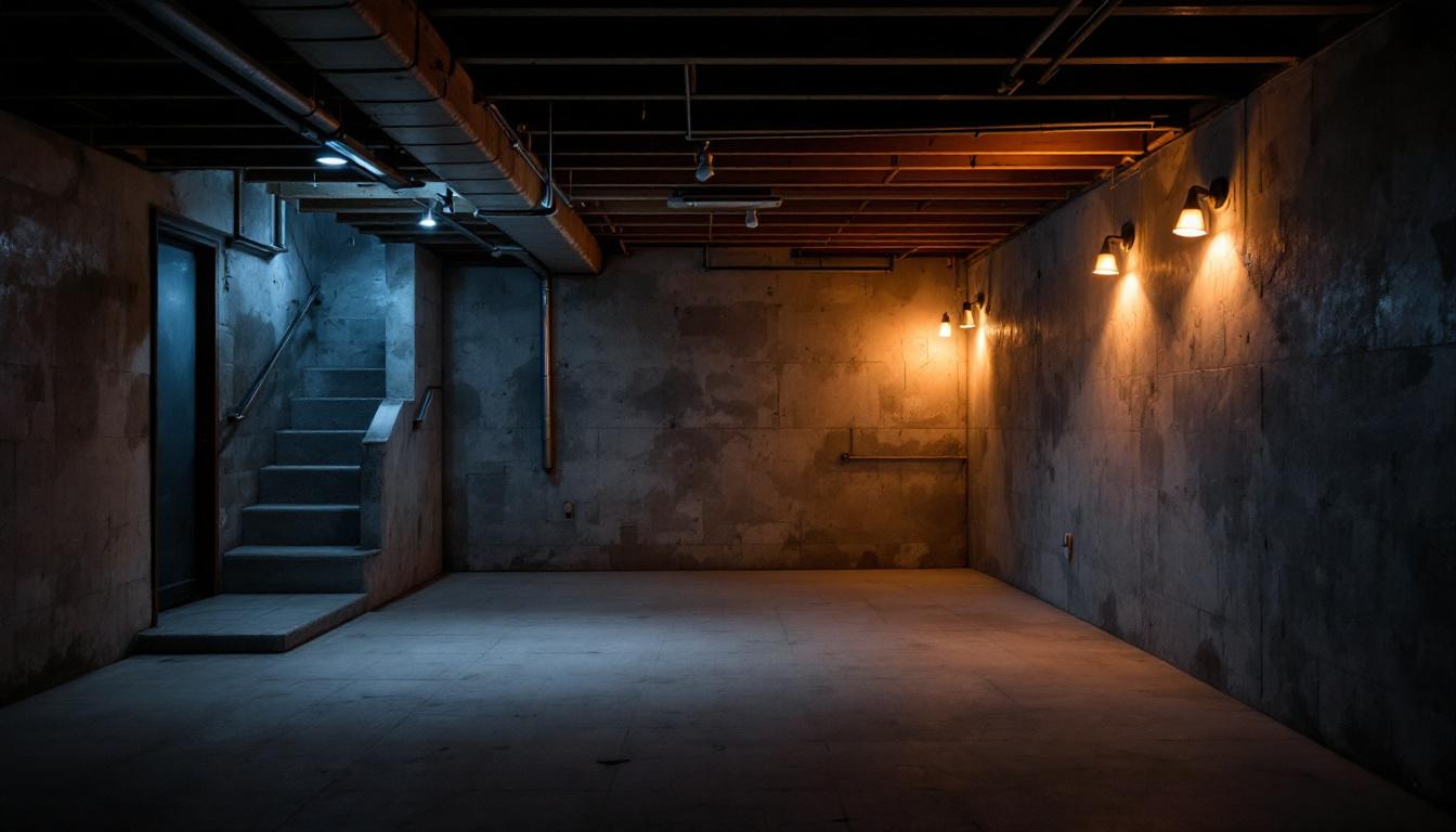 A photograph of a dimly lit unfinished basement showcasing various types of lighting fixtures