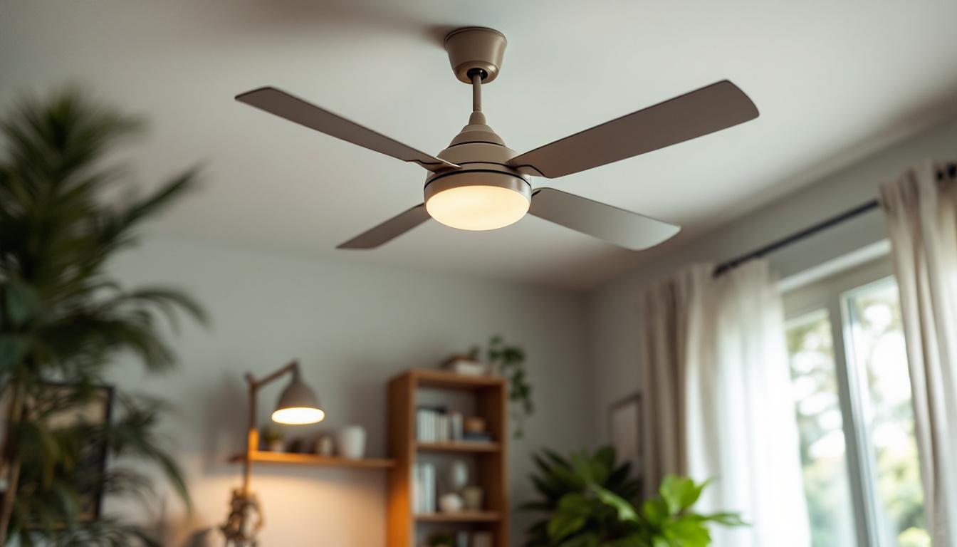 A photograph of a stylish yet affordable ceiling fan installed in a well-lit living space
