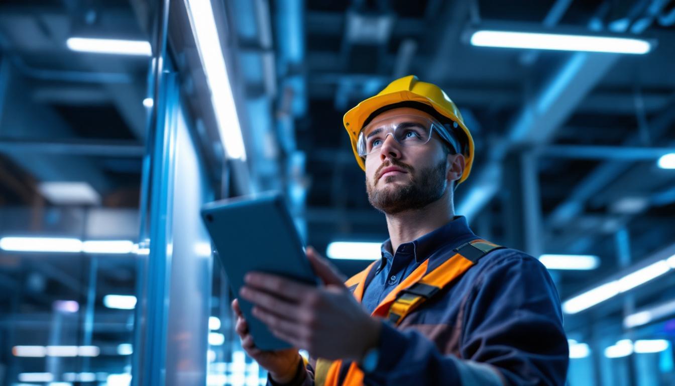A photograph of a lighting engineer inspecting a modern lighting installation