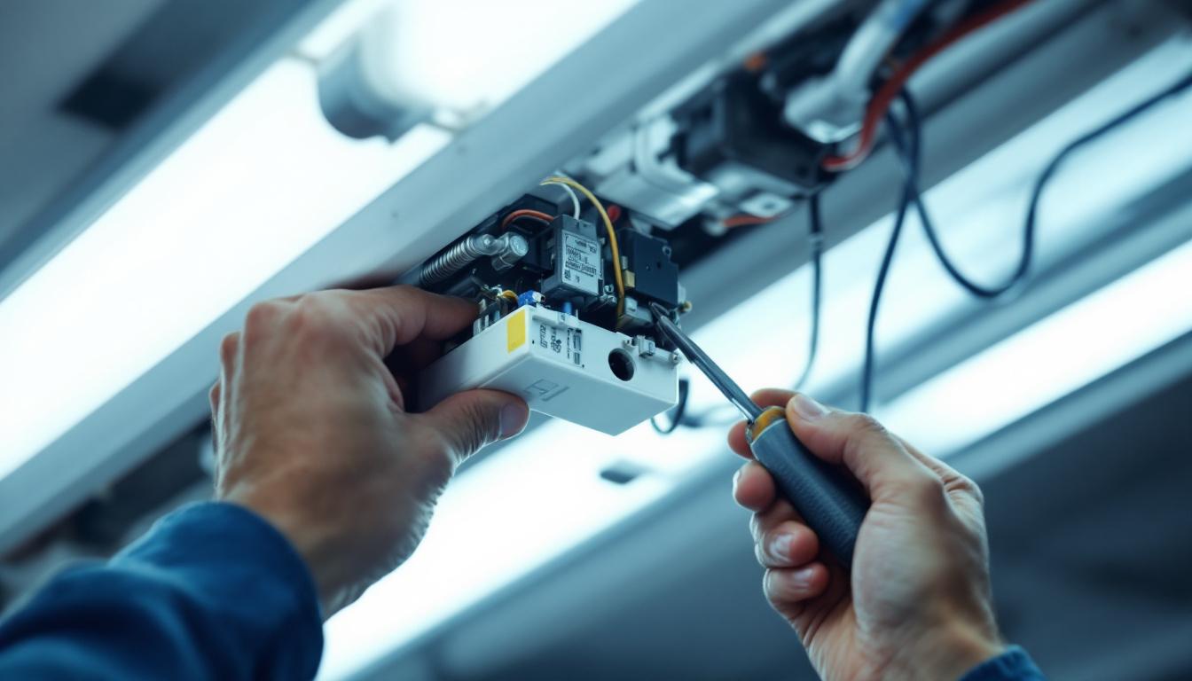 A photograph of a close-up shot of an engineer or technician replacing a ballast in a fluorescent fixture