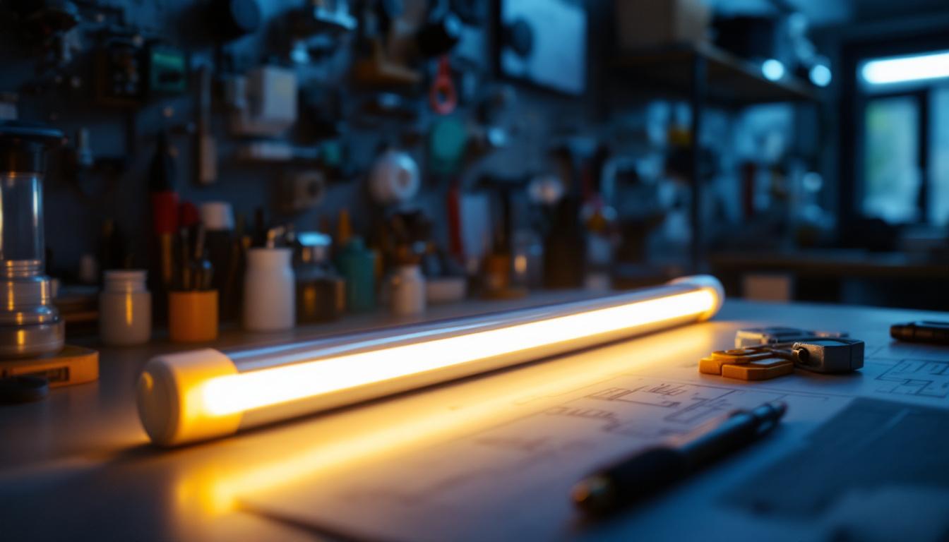 A photograph of a philips f32t8 tl941 fluorescent tube in a well-lit engineering workspace