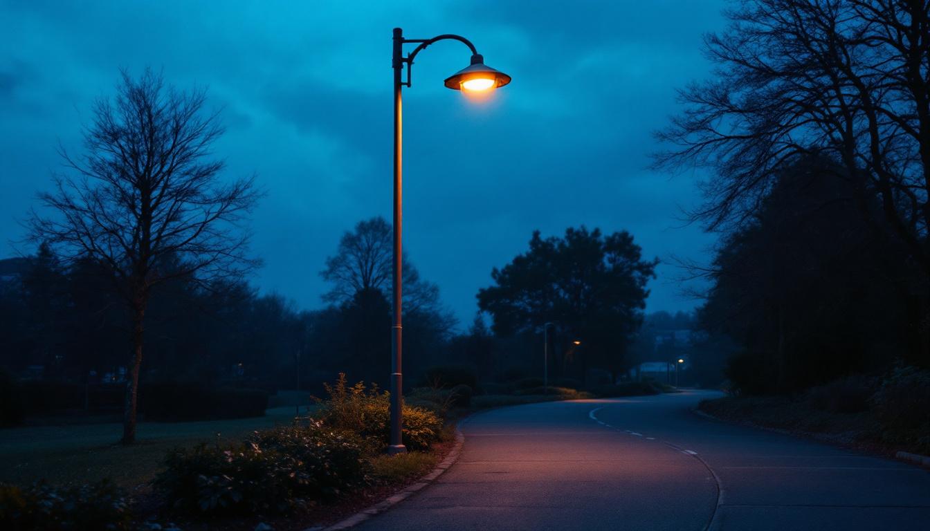 A photograph of a well-lit night scene featuring a sturdy light pole illuminating a pathway or public space
