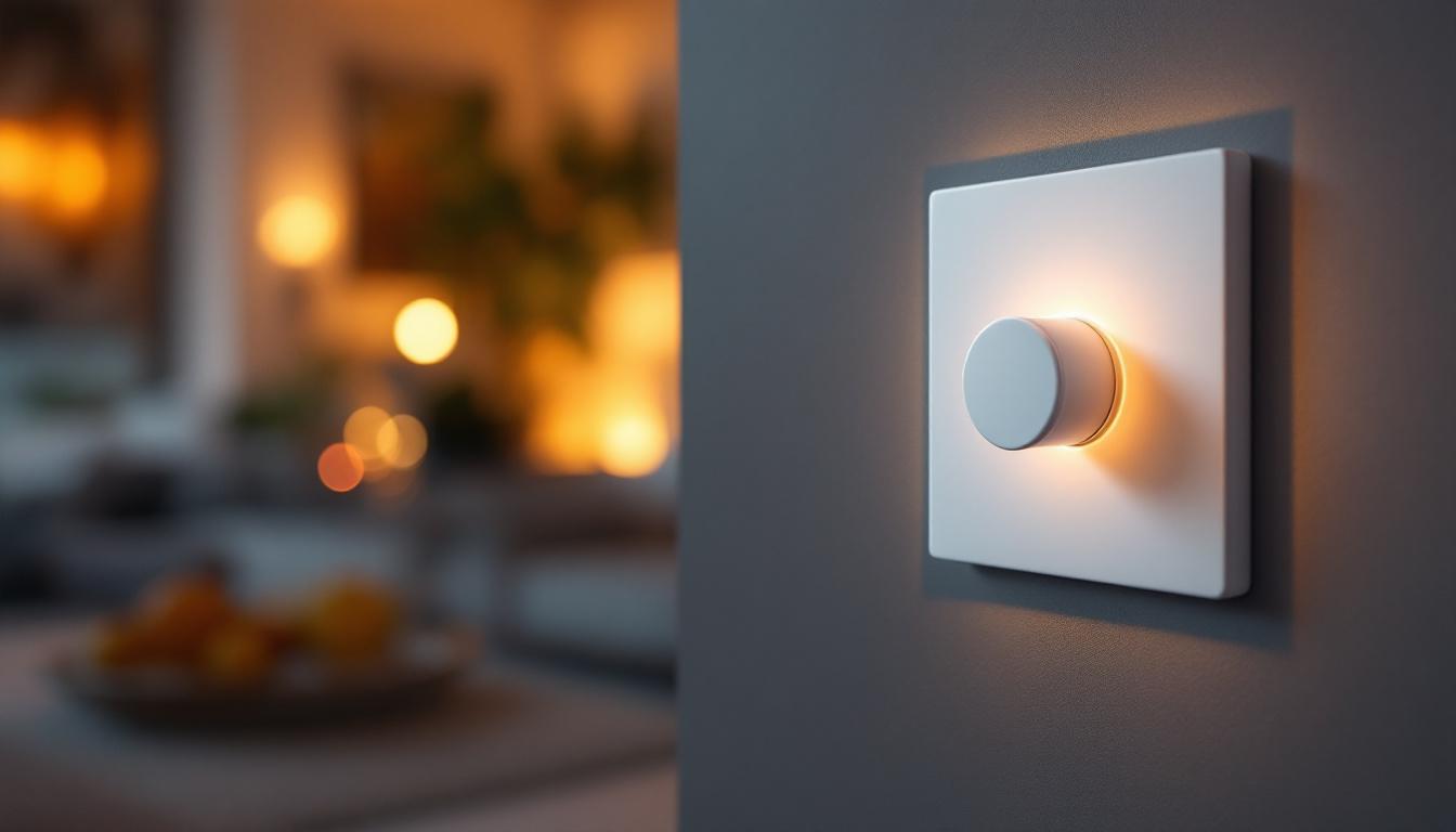 A photograph of a stylishly designed lighting dimmer switch in a modern home setting
