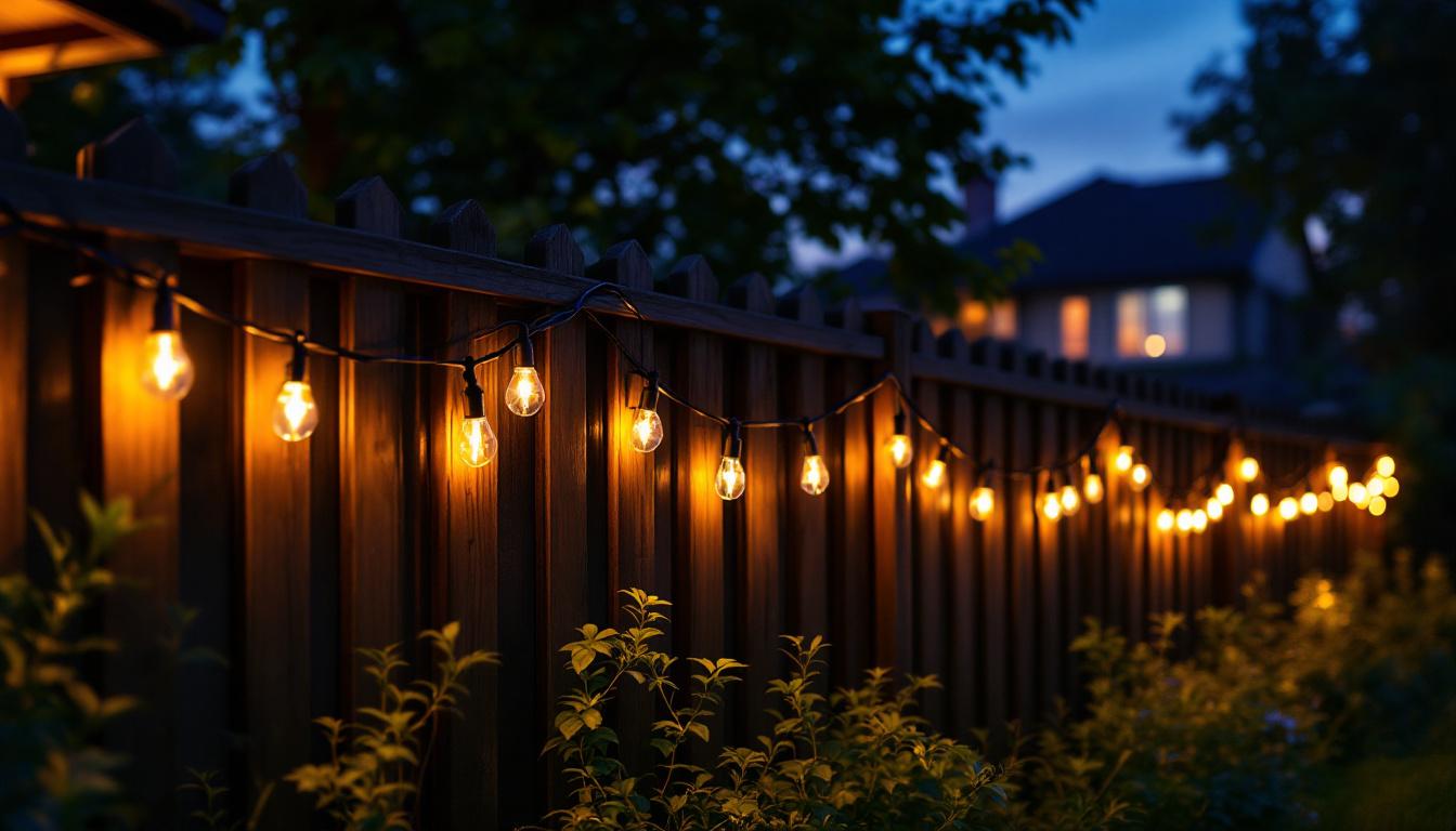 A photograph of a beautifully illuminated backyard fence at dusk