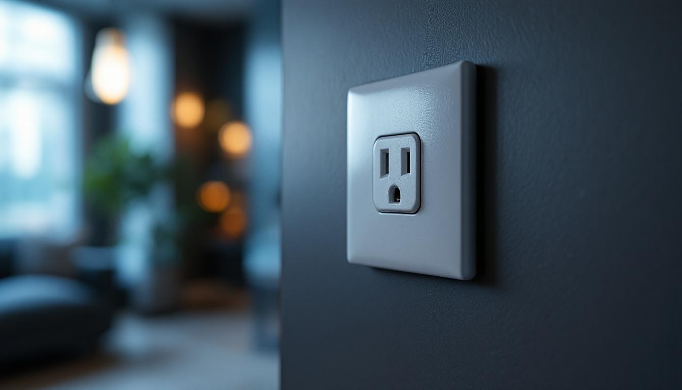 A photograph of a close-up of a standard american electrical outlet in a well-lit room