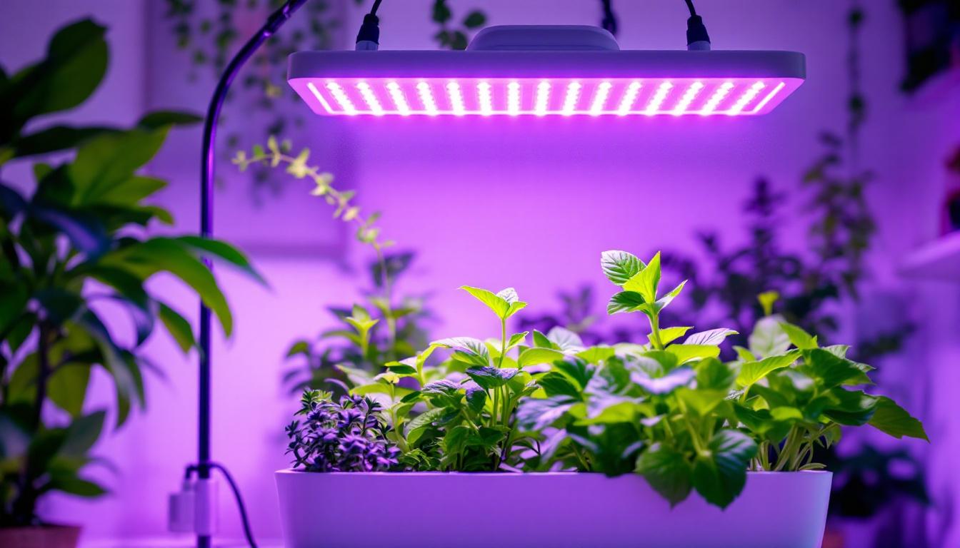 A photograph of a well-designed indoor hydroponic setup featuring an led hydroponic lamp illuminating vibrant plants