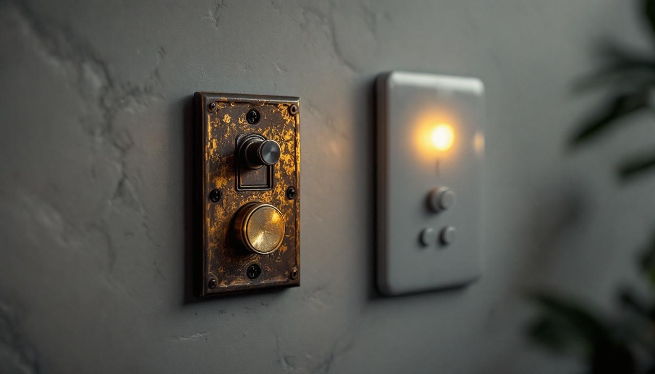 A photograph of a vintage light switch alongside a modern smart lighting control panel