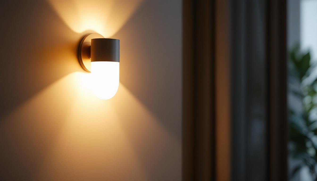 A photograph of a beautifully designed interior wall sconce illuminated in a stylish room setting