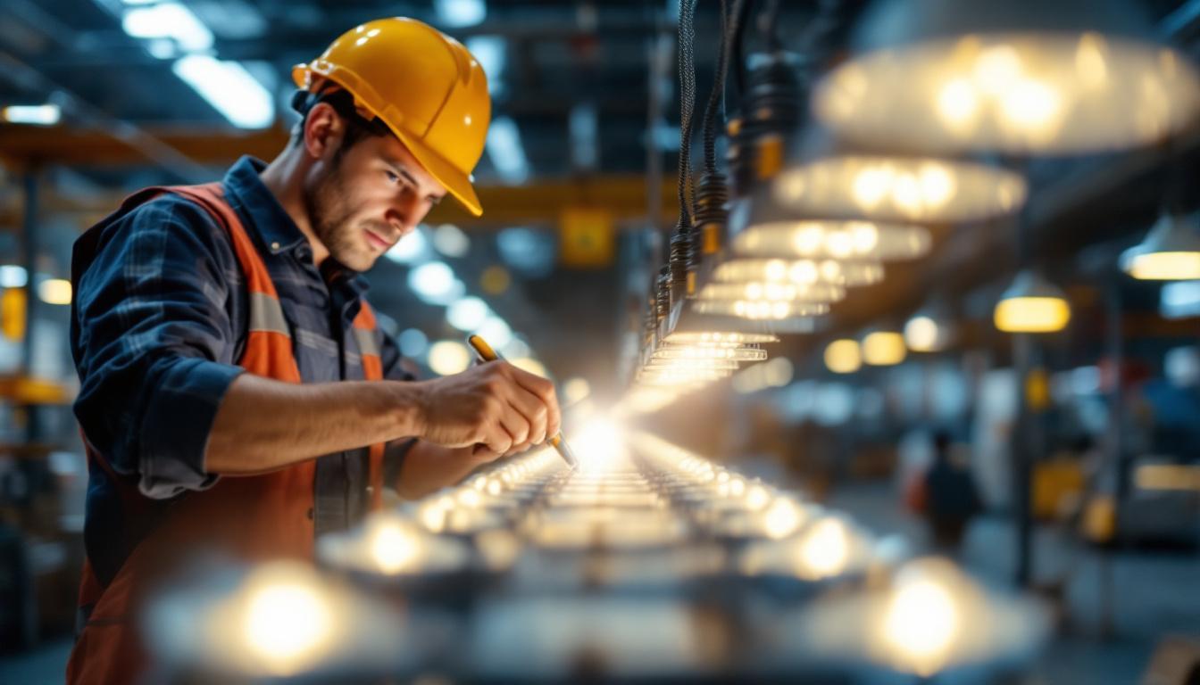 A photograph of a close-up shot of high wattage led lamps in a well-lit industrial or commercial setting