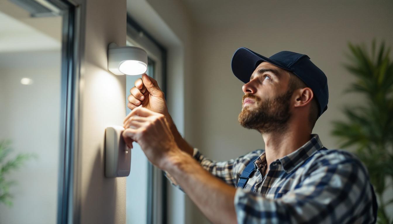 A photograph of a skilled electrical engineer installing or adjusting a motion detector light in a residential or commercial setting
