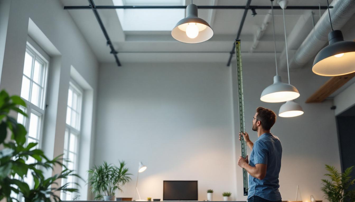 A photograph of a well-lit high-ceilinged room showcasing various lighting fixtures and a person measuring the height and dimensions to illustrate the process of selecting and installing lighting systems effectively