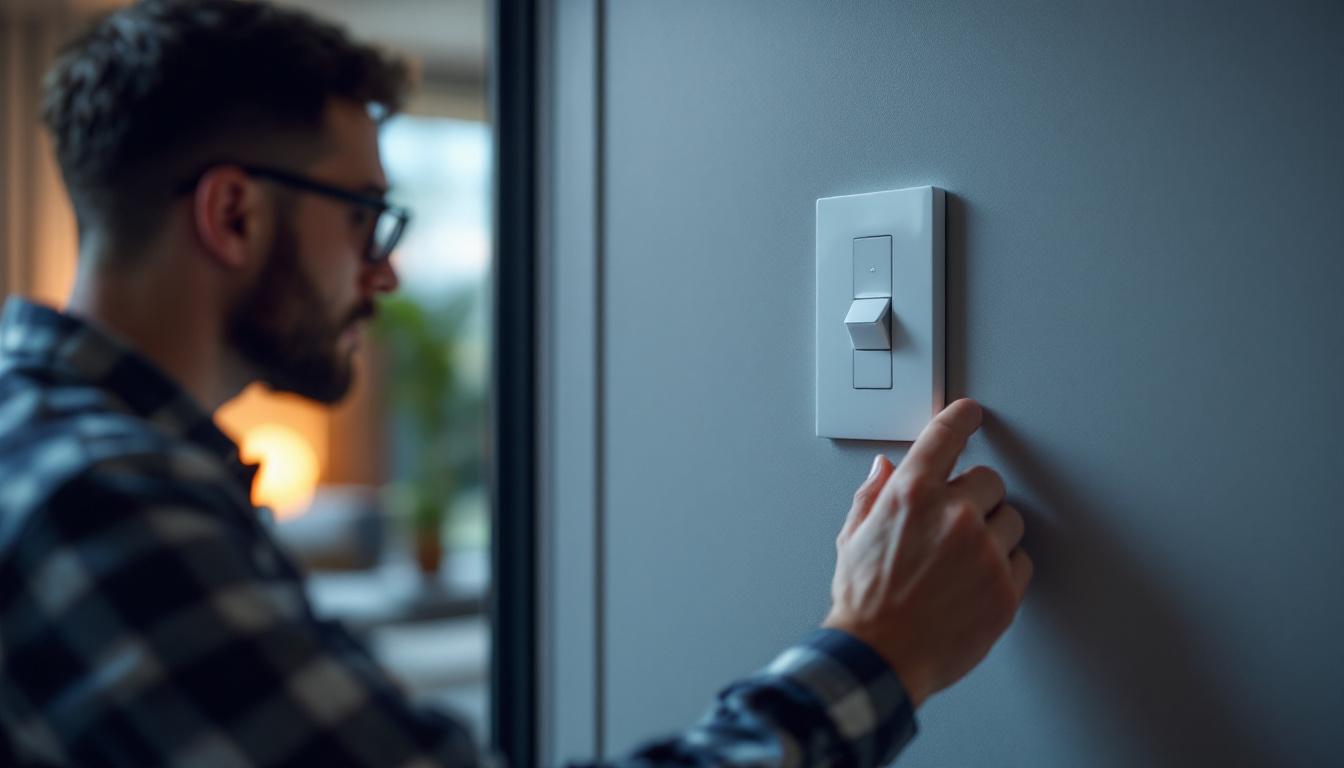 A photograph of a modern home interior featuring smart switches in action
