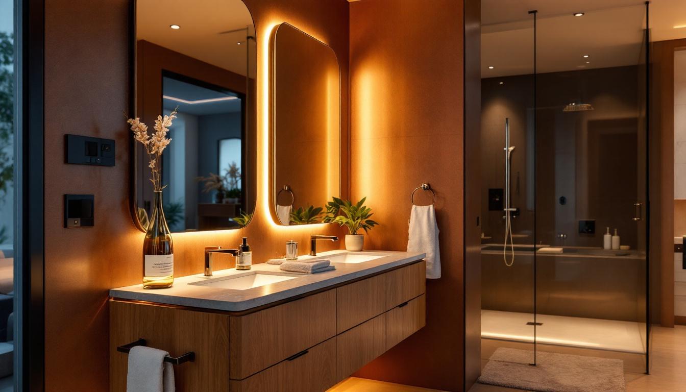 A photograph of a stylishly designed bathroom featuring warm led lighting that highlights key areas such as the vanity