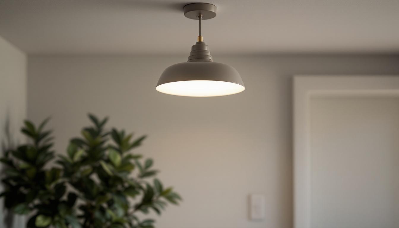 A photograph of a stylish ceiling hanging light fixture in a well-lit room