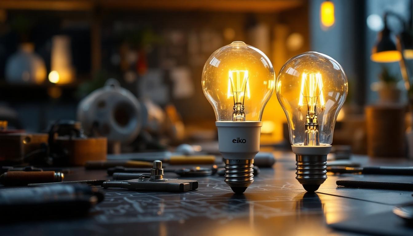 A photograph of a close-up of eiko led light bulbs in a well-lit environment