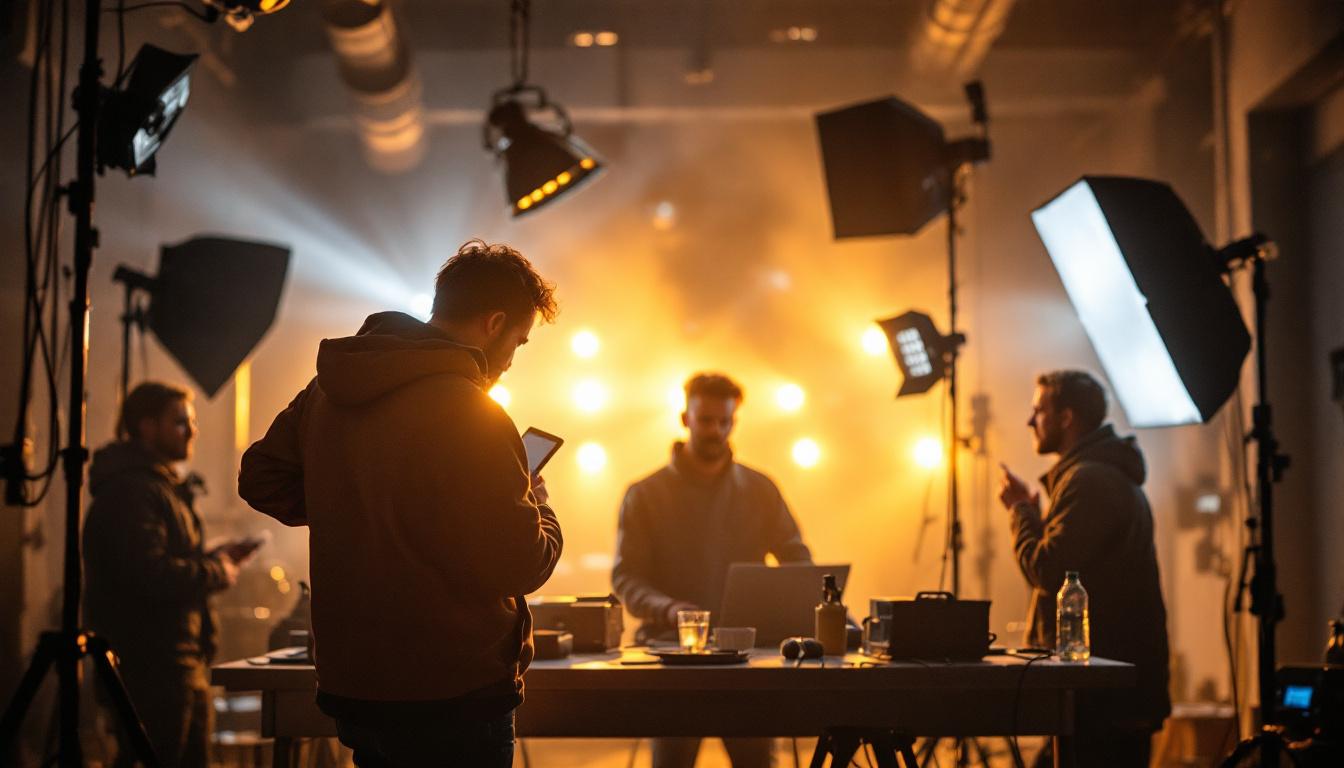 A photograph of a lighting designer working on-site in a challenging environment