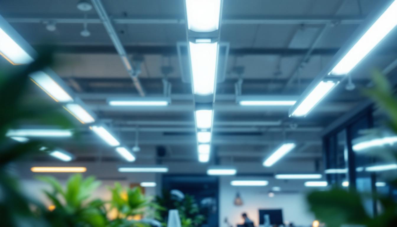 A photograph of a well-lit workspace showcasing a variety of fluorescent lighting fixtures in use