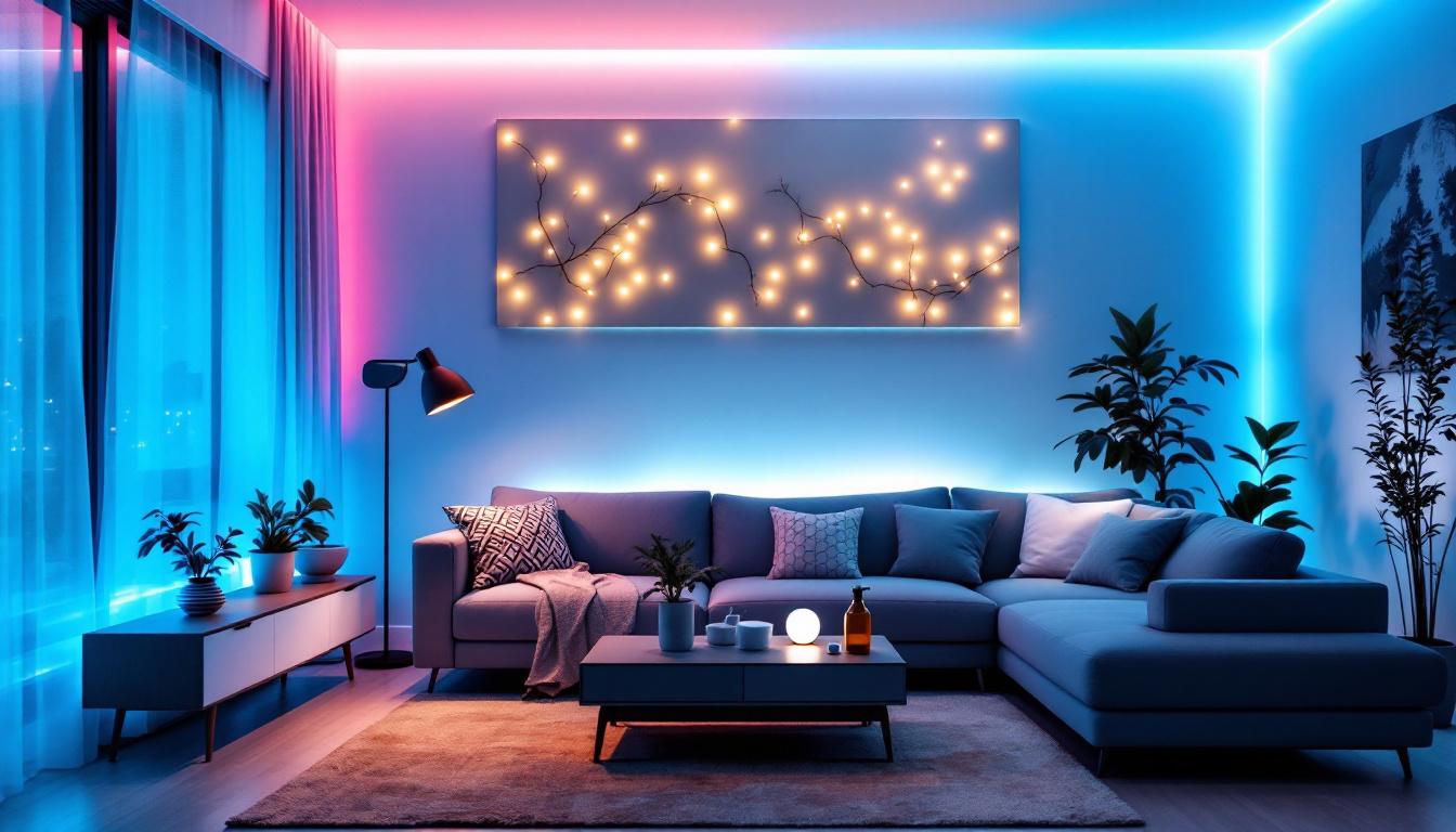 A photograph of a beautifully arranged scene showcasing vibrant led strip tape lights illuminating a modern living space