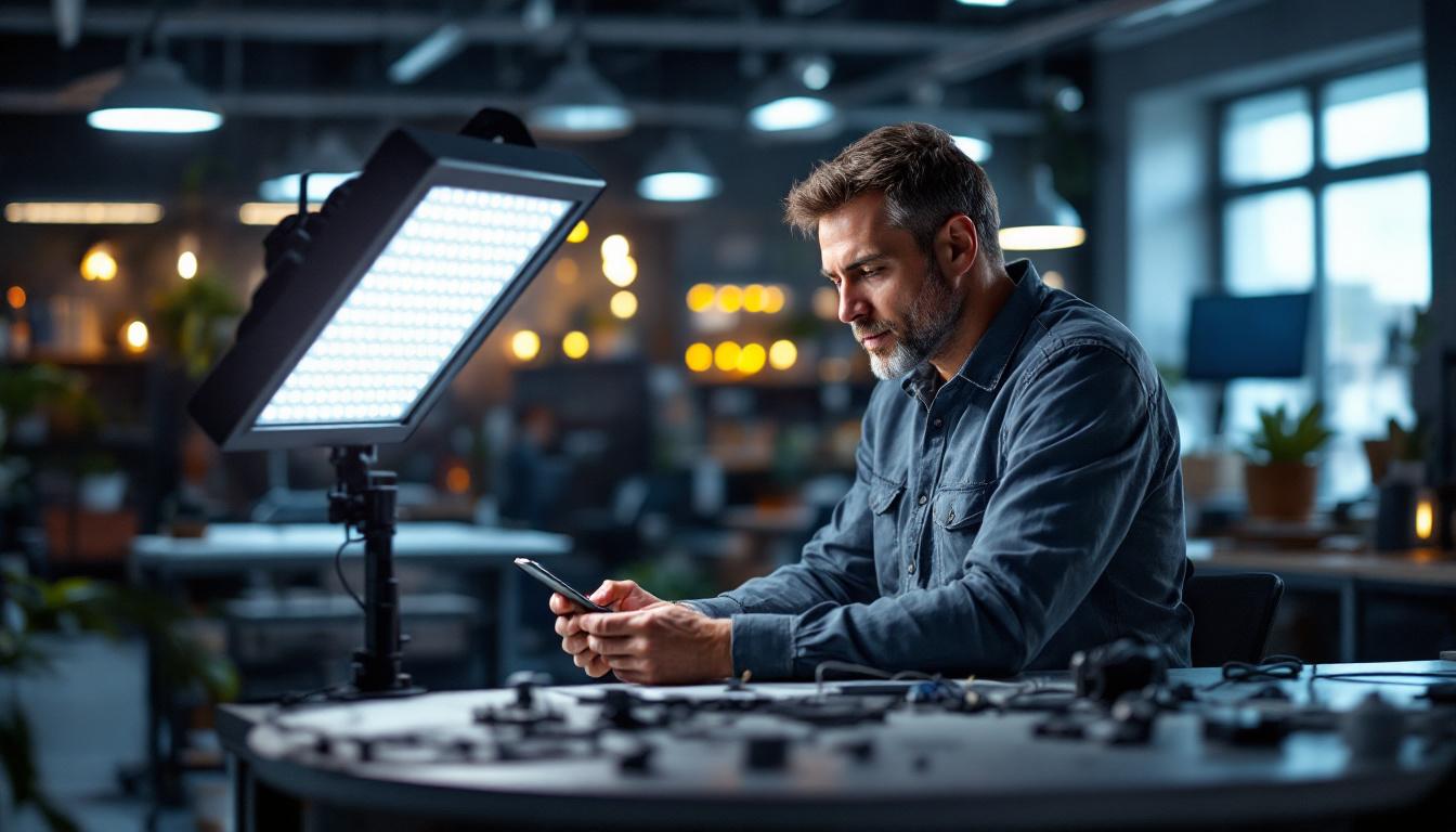 A photograph of a skilled electrical engineer examining a modern led lighting setup in a well-lit workspace
