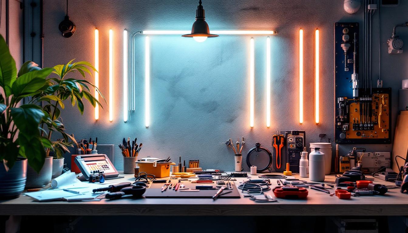 A photograph of a well-lit workspace featuring a variety of 130 ft led light strips in use