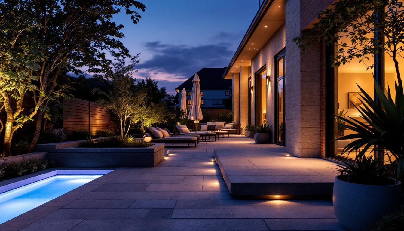 A photograph of a well-designed patio illuminated by stylish led lights at dusk