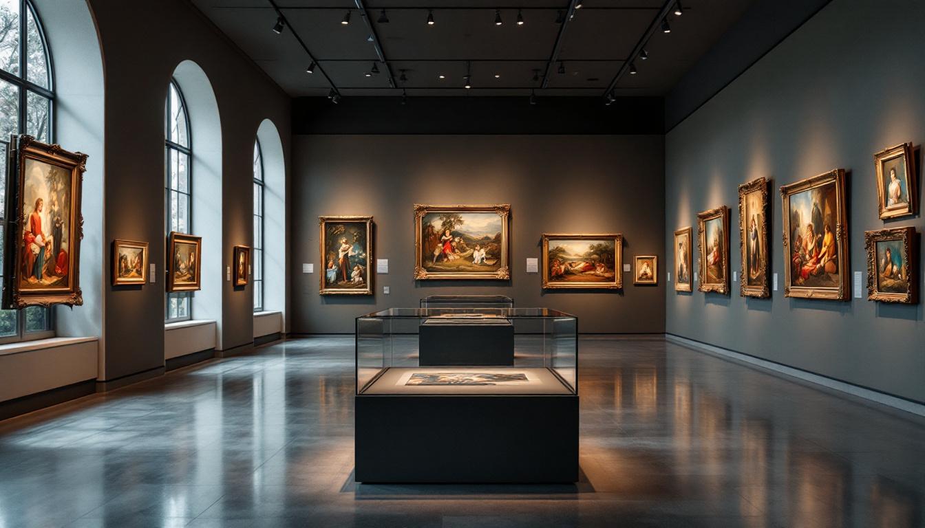 A photograph of a well-lit museum gallery showcasing various artworks