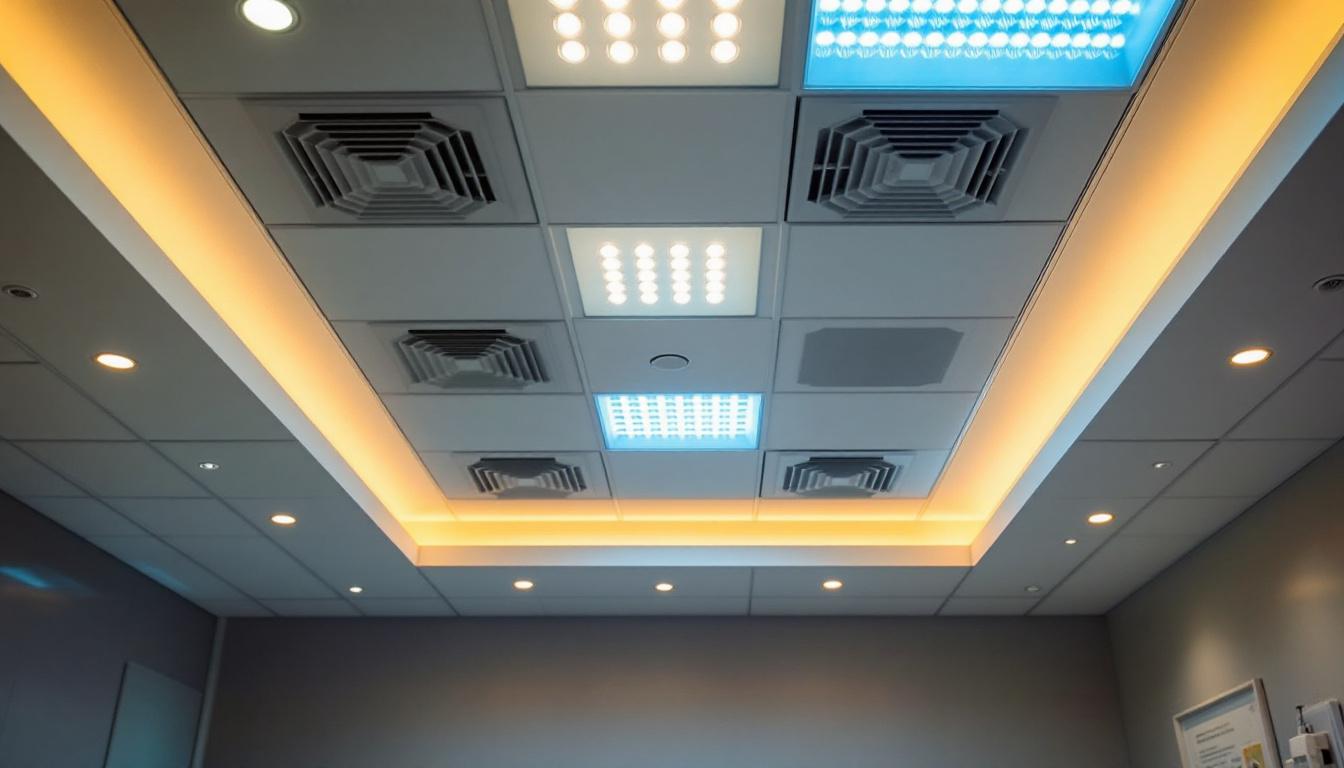 A photograph of a well-lit dental office ceiling featuring modern lighting fixtures