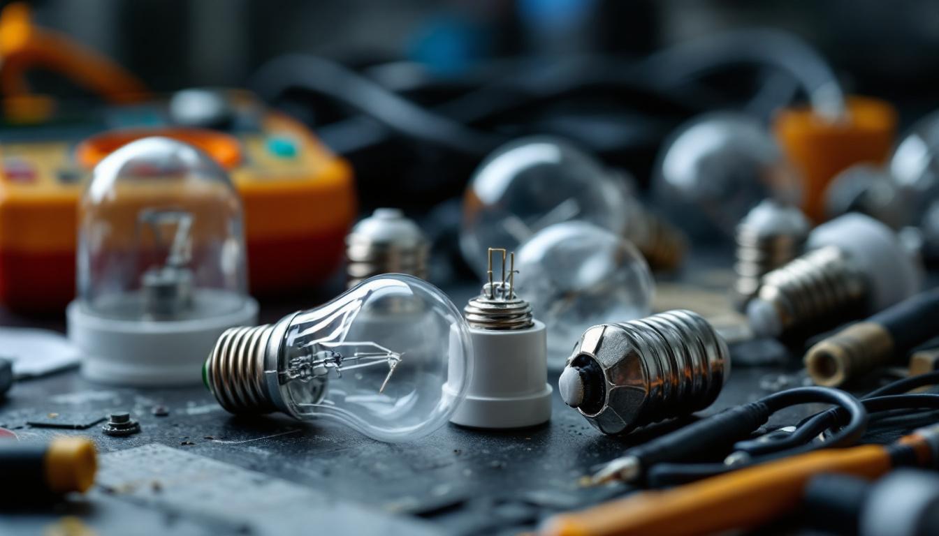 A photograph of a close-up of various types of light bulb bases