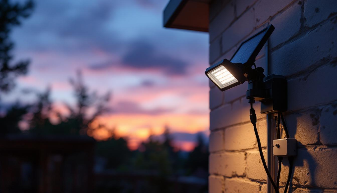 A photograph of a solar power flood light installed in an outdoor setting