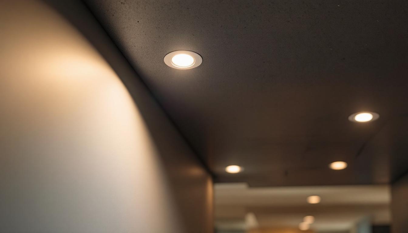 A photograph of a modern interior space showcasing small recessed led lights in action