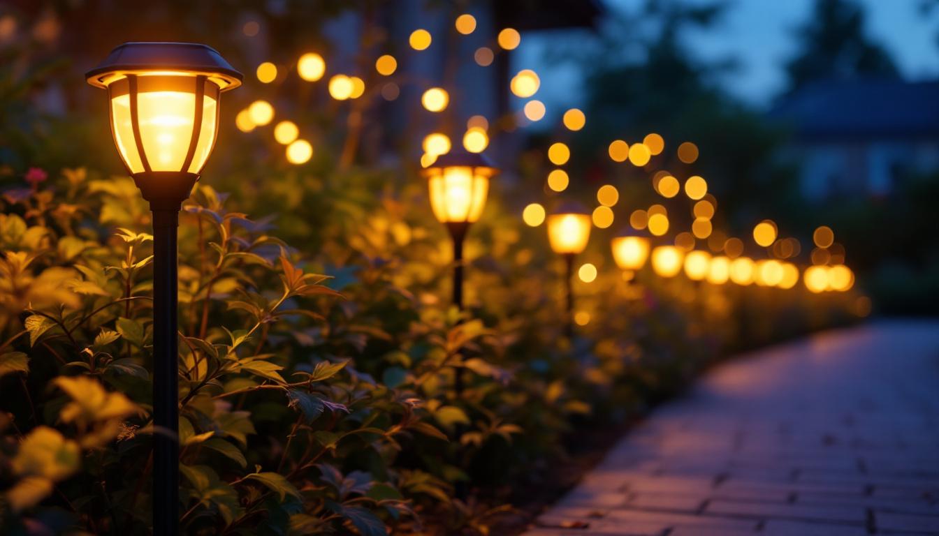 A photograph of a beautifully illuminated garden scene featuring solar-powered decorative yard lights