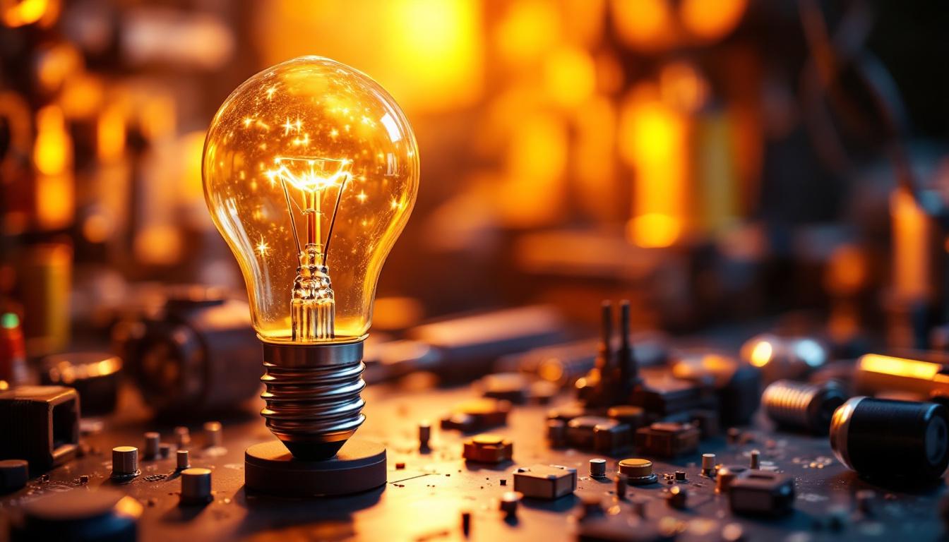 A photograph of a close-up shot of a 3000 kelvin led light bulb illuminating a workspace