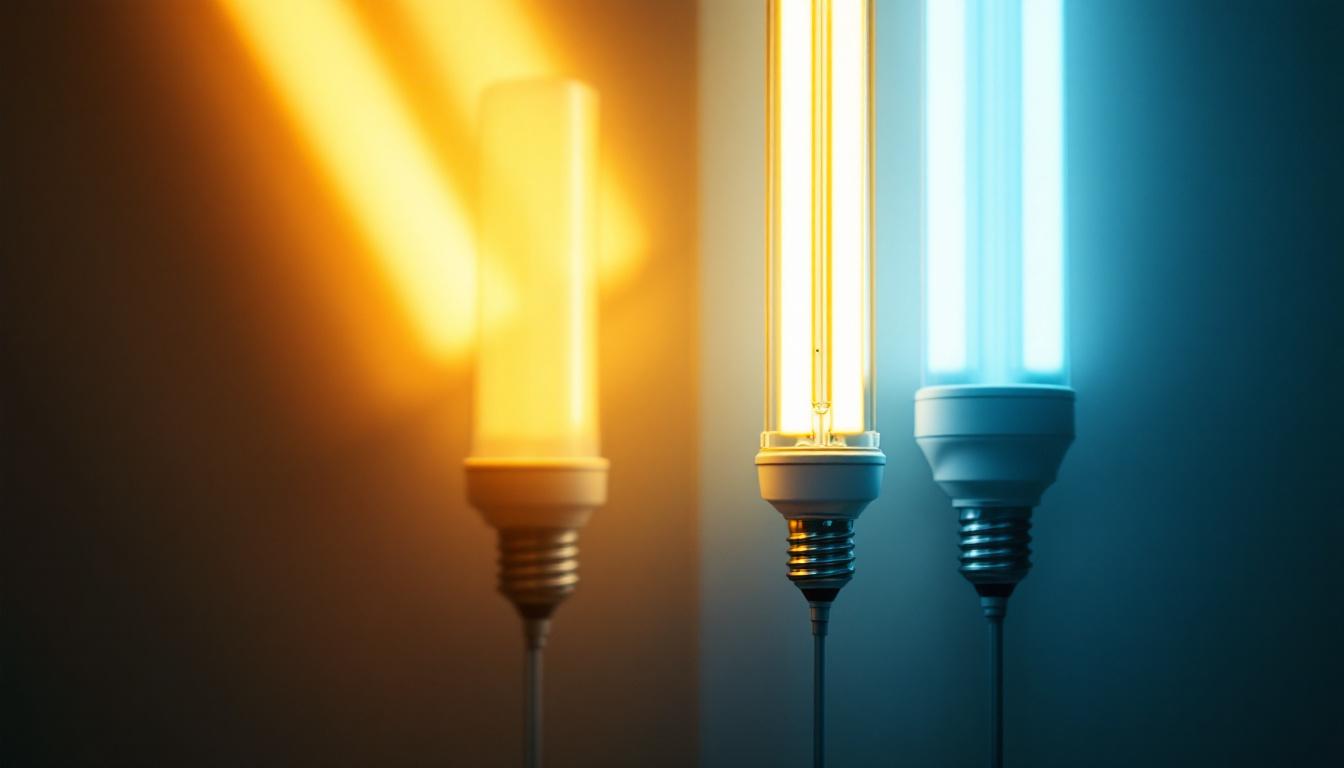 A photograph of a side-by-side comparison of t8 led replacement lamps and traditional fluorescent tubes