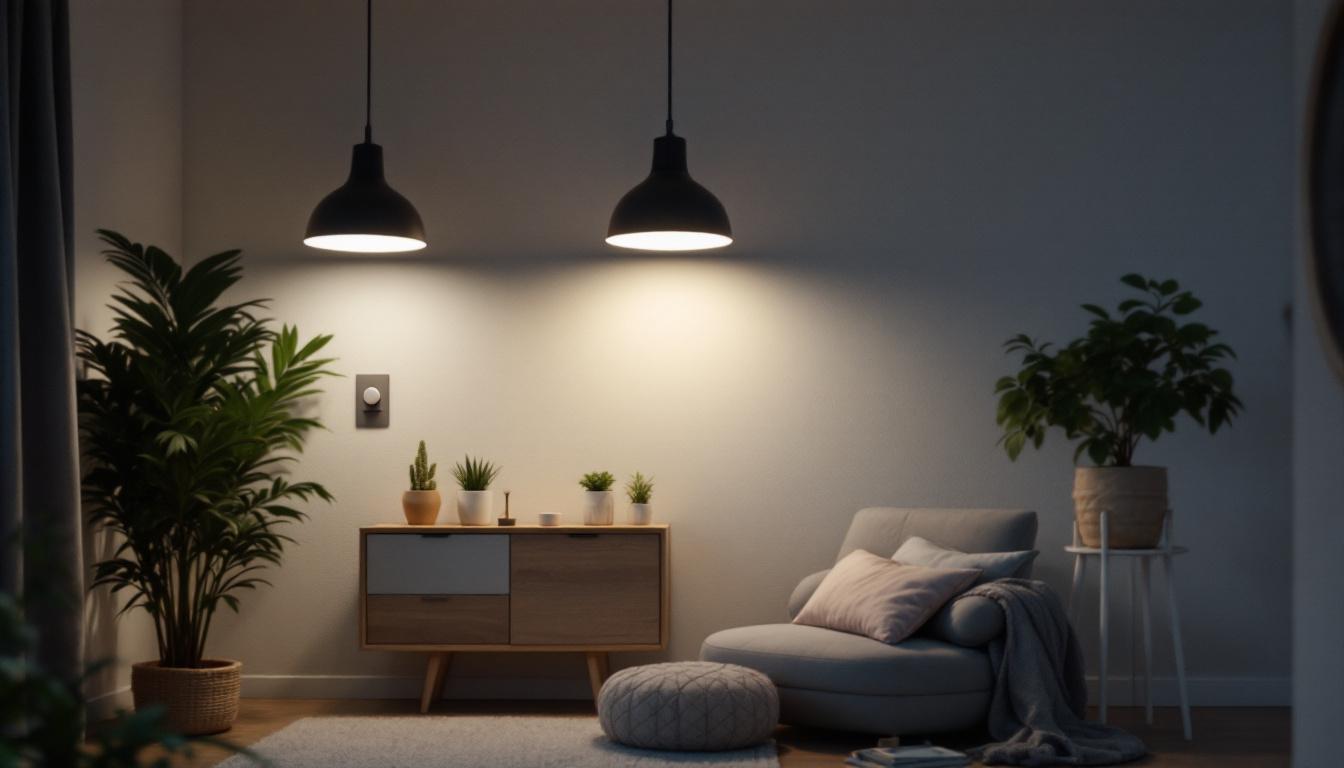 A photograph of a well-lit room showcasing various led light fixtures with a dimmer switch in action