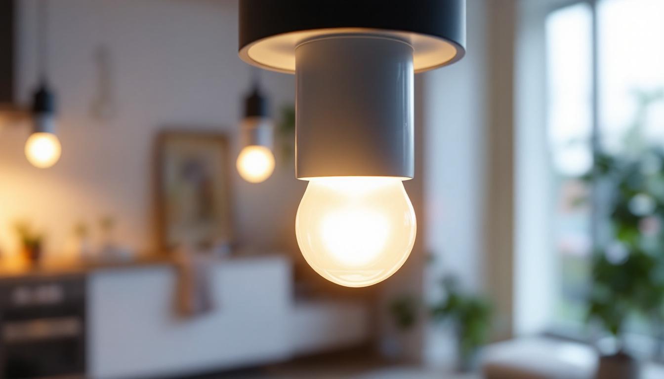 A photograph of a close-up of a gu24 base led light bulb installed in a modern fixture