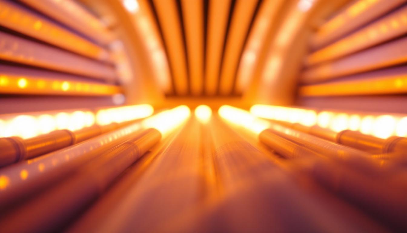 A photograph of a tanning bed with its bulbs illuminated