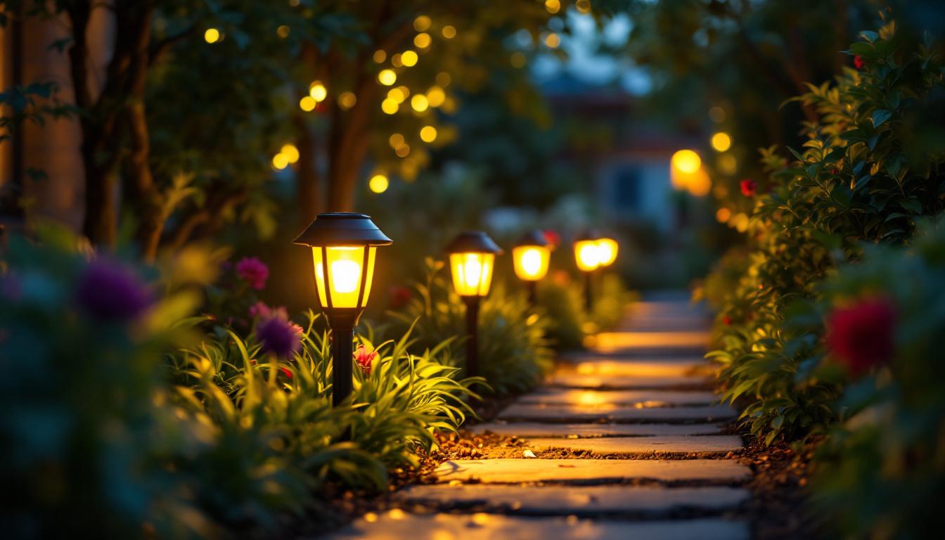A photograph of a beautifully lit garden or pathway showcasing gutter solar lights in use